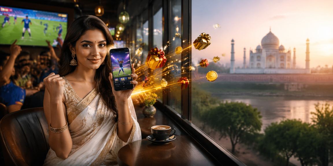 Taj Mahal illuminated at dusk with cricket betting theme