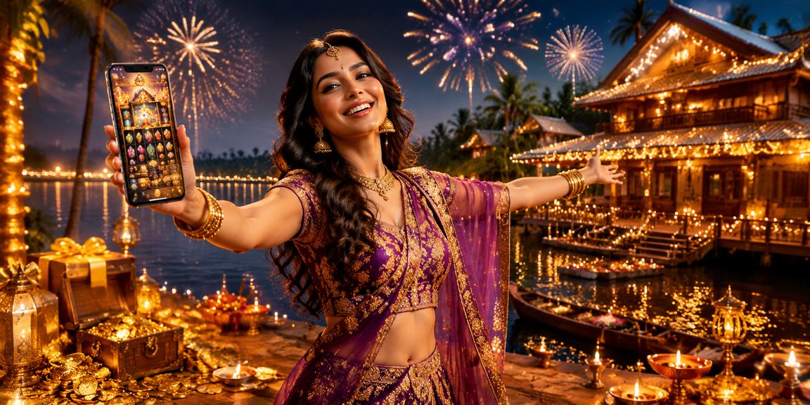 Kerala family celebrating Diwali using mobile to play Aviator and casino games