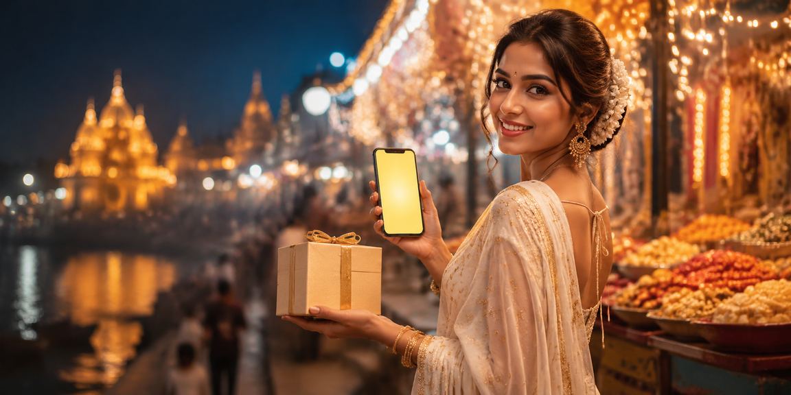 Woman in saree near Varanasi ghats depositing funds via smartphone for Aviator betting